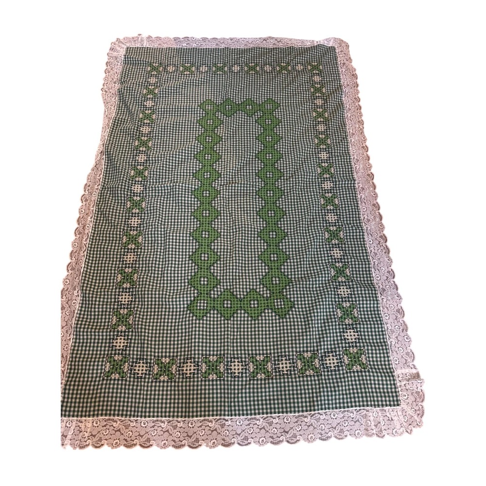 Vintage Green Gingham Tablecloth Hand Embroidered Lace Trim 4x6.25 Rectangle